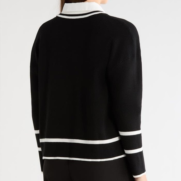 ADRIANNA PAPELL Black + White V-Neck Twofer Sweater Dress Shirt Combo Top XL - Picture 2 of 2